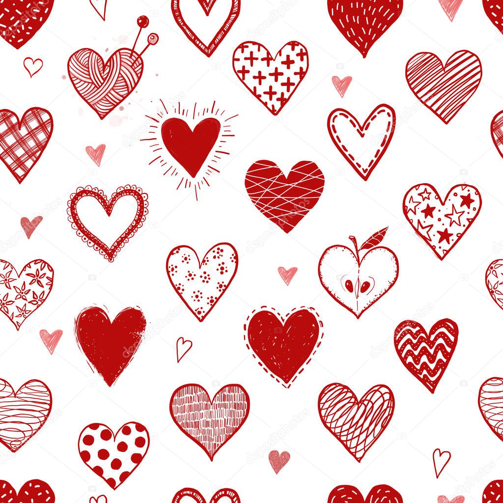Seamless background with red doodle sketch hearts. Can be used for wallpaper, pattern fills, textile, web page background, surface textures