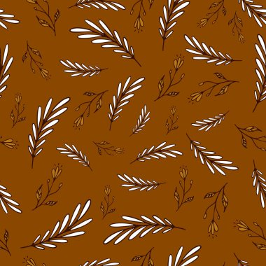 Kusursuz botanik desen. Motifler rastgele dağılmış. Kusursuz vektör dokusu. Moda baskıları için zarif bir şablon. Sarı arka plan. Tekstil, ambalaj kağıdı, kapak, arkaplan, duvar kağıdı dokusu.