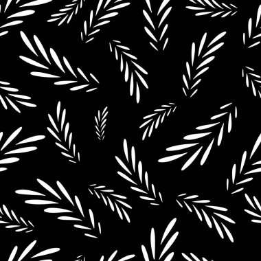 Dekoratif yapraklar. Motifler rastgele dağılmış. Kusursuz vektör dokusu. Moda baskıları için zarif bir şablon. Siyah arkaplanda beyaz yapraklar. Tekstil, ambalaj kağıdı, kapak, arka plan, duvar kağıdı dokusu..