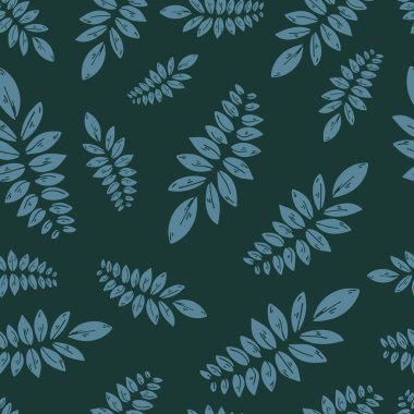 Kusursuz yaprak deseni. Motifler rastgele dağılmış. Kusursuz vektör dokusu. Moda baskıları için zarif bir şablon. Yeşil arkaplanda yeşil yapraklar. Tekstil, ambalaj kağıdı, kapak, arka plan, duvar kağıdı dokusu..