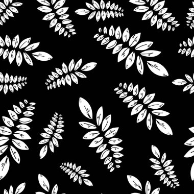 Kusursuz yaprak deseni. Motifler rastgele dağılmış. Kusursuz vektör dokusu. Moda baskıları için zarif bir şablon. Siyah arkaplanda beyaz yapraklar. Tekstil, ambalaj kağıdı, kapak, arka plan, duvar kağıdı dokusu..