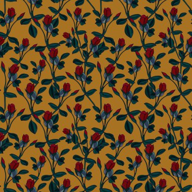 Gül deseni. Motifler rastgele dağılmış. Kusursuz vektör dokusu. Moda baskıları için zarif bir şablon. Sarı arka planda çiçekler. Tekstil, ambalaj kağıdı, kapak, arkaplan, duvar kağıdı dokusu.