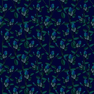 Pattern of roses. Motifs scattered random. Seamless vector texture. Elegant template for fashion prints. Flowers on blue background. Texture for textile, wrapping paper, cover, background, wallpaper.