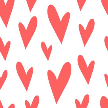 Beyaz arka planda pembe vektör kalpleri. Vektör dikişsiz desen. Tekstil, ambalaj kağıdı, düğün kartları, kart tasarımı, davetiyeler, web siteleri ve duvar kağıtları için kullanılabilir. Sevgililer Günü Günü.