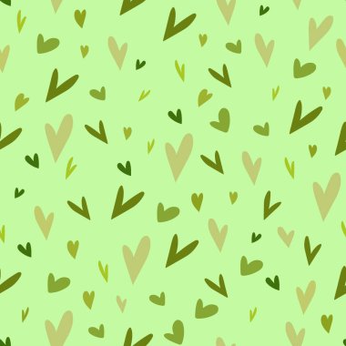 Yeşil zemin üzerindeki kalpler. Vektör kusursuz desen. Tekstil, ambalaj kağıdı, düğün kartları, kartlar için tasarım unsurları, davetiyeler, web siteleri ve duvar kağıtları için kullanılabilir. Sevgililer Günü.