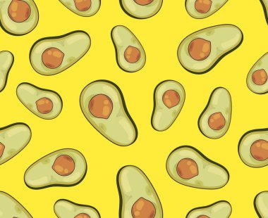  Sarı arka planda avokadonun vektör çizimi. Tropik yaz egzotik meyveleri. Avokado arka planı. Baskı, tekstil, posterler, duvar kağıtları, kartlar, baskılar ve web siteleri için kullanın.