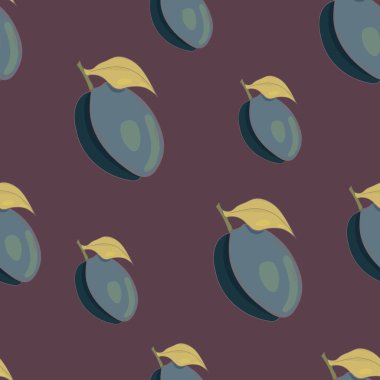 Mor arkaplanda vektör erik deseni. Baskı, duvar kağıdı, ambalaj kağıdı, tekstil, giyim tasarımı, web tasarımı, keten, vitrin ve posterler için kullanılabilir. Ev dekoru. Bahçıvanlık.