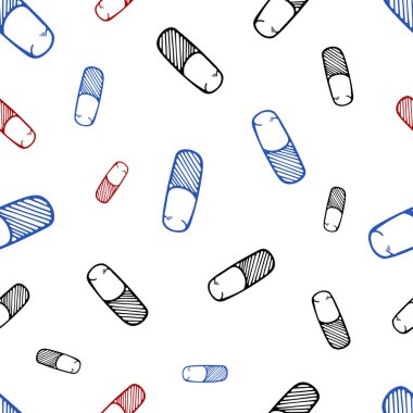 Tıbbi düz çizgi ikonlarının kusursuz deseni. İlaç ve eczane elemanları beyaz arka planda izole edilmiş ikonları özetliyor. Eczane sembolleri, ilk yardım çantası, termometre, vitaminler. Sonsuz desen