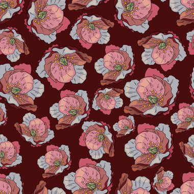 Kırmızı arka planda Chemernik 'in kusursuz vektör deseni. Kış çiçekleri deseni. Yazdırma, tekstil, tasarım, tasarım, broşür, selamlama, web siteleri, duvar kağıtları ve ambalaj kağıdı için kullan.