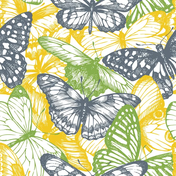 Patrón inconsútil con mariposas de color de boceto gráfico — Vector de stock