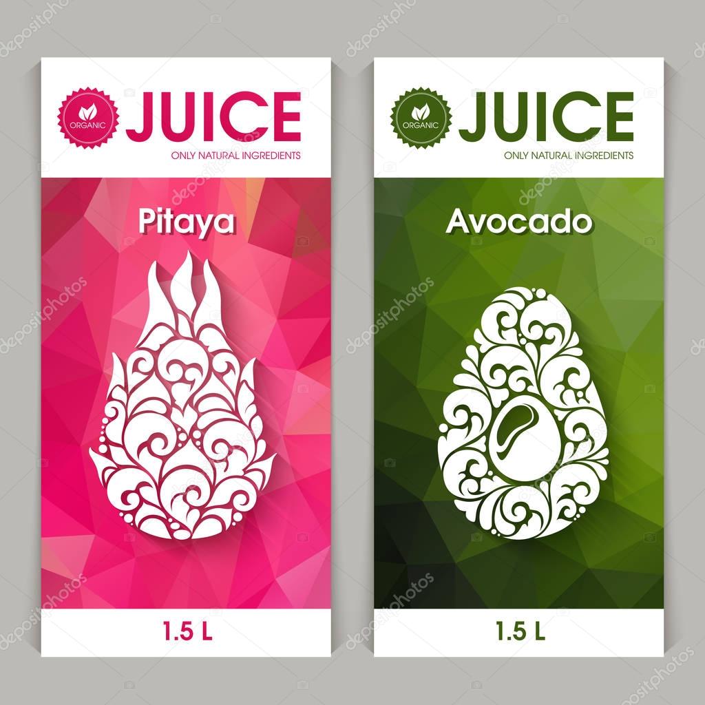 Vector set of templates packaging fruit juice, label, banner, poster, identity, branding. Abstract color background with ornamental design elements - avocado and dragon fruit. Stylish design