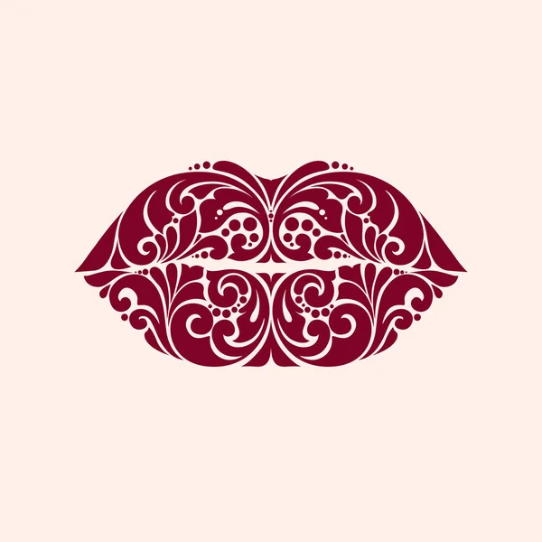 Verzierte rote Lippen Symbol-Logo küssen roten Lippenstift. — Stockvektor