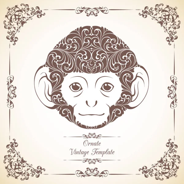 Vintage template with ornament and decorative monkey. Symbol of 2016. — Stock Vector