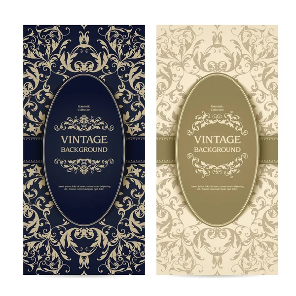 Modello vintage con cornici ornamentali e sfondo fantasia. Elegante design dell'invito al matrimonio in pizzo, biglietto di auguri, banner — Vettoriale Stock