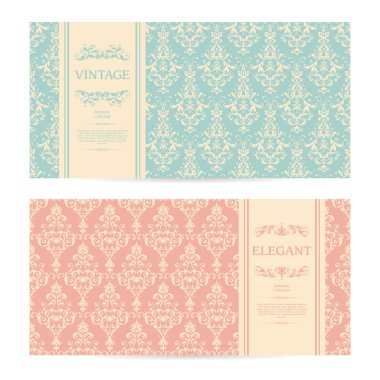 Ambalaj tasarım desen ve çerçeve şık düğün davetiye, tebrik kartı, afiş, vintage süs şablonları kümesi vektör