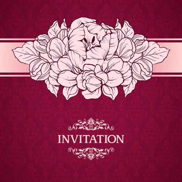 Invitación al matrimonio nupcial con flores lineales sobre fondo ornamentado. Tarjeta de felicitación en estilo retro Patrón elegante, flores — Archivo Imágenes Vectoriales