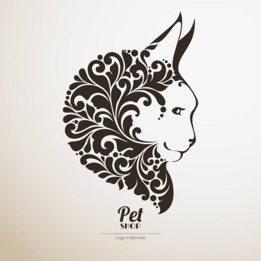 Logo evde beslenen hayvan dükkan. Süslü kedi simgesi dekoratif maine coon vektör çizim.