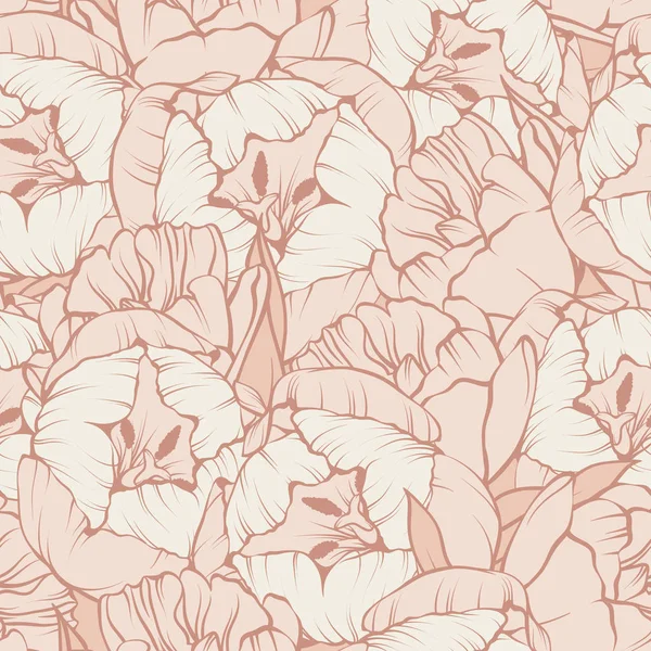 Seamless floral pattern. Elegant linear beige pastel tulips flowers background. — Stock Vector