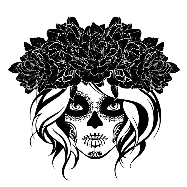 Crâne de fille dans une couronne de fleurs. Illustration noir et blanc . — Image vectorielle