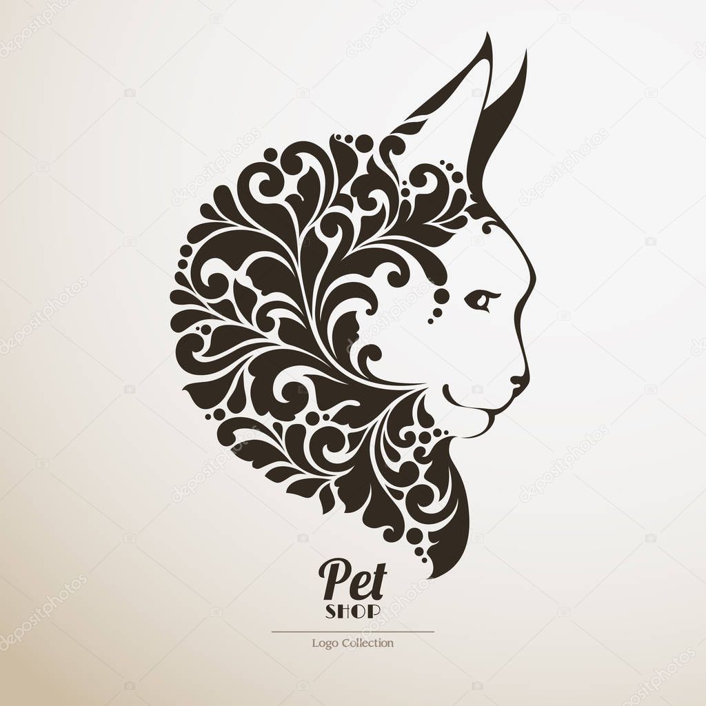 Logo pet shop. Ornate cat icon Decorative maine coon vector illustration.