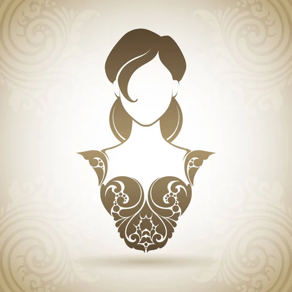 Vintage ornamental girl in elegant dress. Decorative bride icon on a background with pattern. — Stock Vector