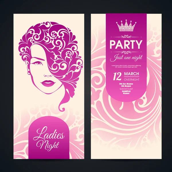 Festa design banners convite com menina ornamentada e fundo padrão. Senhoras noite festa . — Vetor de Stock