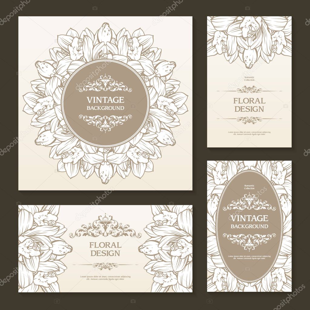 Vector set of vintage floral banners, cards, invitation, celebration, wedding templates Orchid and ornamental design elements.