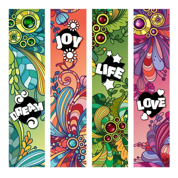 Vector colorful banner bookmark templates set with cool doodles design composition — Stock Vector