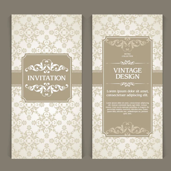 Vector set of vertical banners with ornamental frame and seamless patterned background. Wedding invitation design, Greeting Card, — Stock Vector