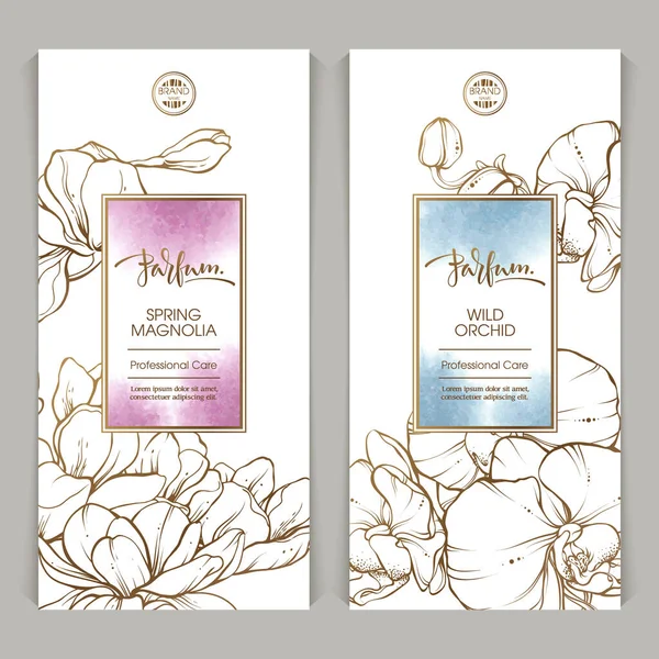 Κομψό parfum σχέδιο με γραφική απεικόνιση της μανόλιας και ορχιδέας λουλούδια σε αφηρημένη ακουαρέλα φόντο. — Διανυσματικό Αρχείο