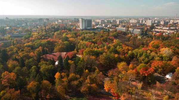 Осенние цвета парка и панорамы города. Вид с воздуха — стоковое фото