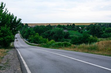 Beyaz yol işaretleri ve kenarlarında yeşil ağaçlar olan boş bir yolda sürüyorlar.