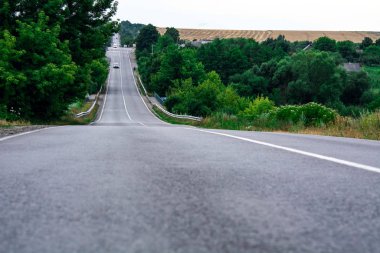 Beyaz yol işaretleri ve kenarlarında yeşil ağaçlar olan boş bir yolda sürüyorlar.