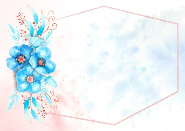 Romantikus keret kék Hellebore virágok, rügyek, levelek, dekoratív ágak egy akvarell háttér. Akvarell illusztráció, kézzel készített — Stock Fotó