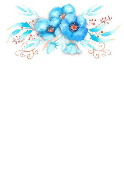 浪漫的框架，蓝色的螺旋带着花，芽，叶，装饰枝条在水彩画的背景上。 水彩画,手工制作 — 图库照片