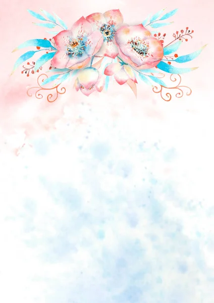 浪漫的框架，粉色的螺旋带着花，芽，叶，装饰的枝条在水彩画的背景上。 水彩画,手工制作 — 图库照片