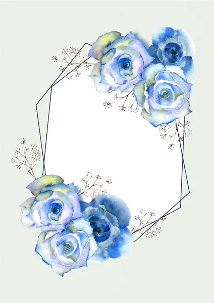Πλαίσιο με floral ακουαρέλα. Μπλε τριαντάφυλλα σε λευκό απομονωμένο φόντο. Λαμπερά λουλούδια, φύλλα, για γραφική ύλη γάμου, χαιρετισμούς, Ταπετσαρία, μόδα, φόντο, υφή, συσκευασία. — Διανυσματικό Αρχείο