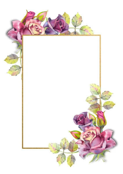 花の水彩画のイラストとフレーム。白い孤立した背景に濃いバラ。明るい花、葉、結婚式の文房具、挨拶、壁紙、ファッション、背景、テクスチャ、パッケージ. — ストックベクタ