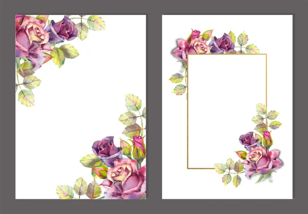 Conjunto de marcos con ilustraciones florales en acuarela. Rosas oscuras sobre fondo blanco aislado. Flores brillantes, hojas, para papelería de boda, saludos, moda, fondo, textura, embalaje . — Vector de stock