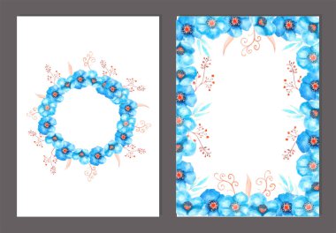 Çiçekli suluboya resimli çerçeveler. Mavimsi çiçekler, düğün kırtasiyesi için beyaz izole arkaplanda dekoratif dallar, selamlar, moda, arka plan, doku, ambalaj.