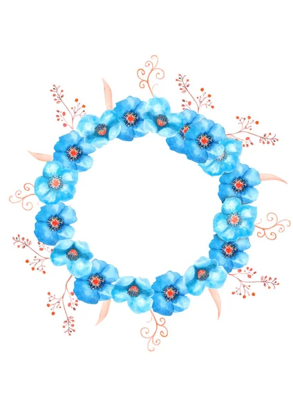Πλαίσιο με floral ακουαρέλες. Μπλε ελλέβορα λουλούδια, διακοσμητικά κλαδιά σε λευκό απομονωμένο φόντο για γραφική ύλη γάμου, χαιρετισμούς, μόδα, φόντο, υφή, συσκευασία. — Διανυσματικό Αρχείο