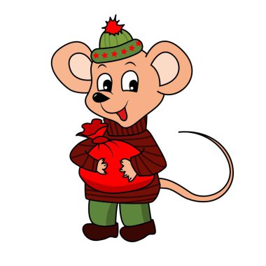 Kırmızı çantalı çizgi roman faresi. Yeşil şapkalı fare Burgundy kazak ve yeşil pantolon.