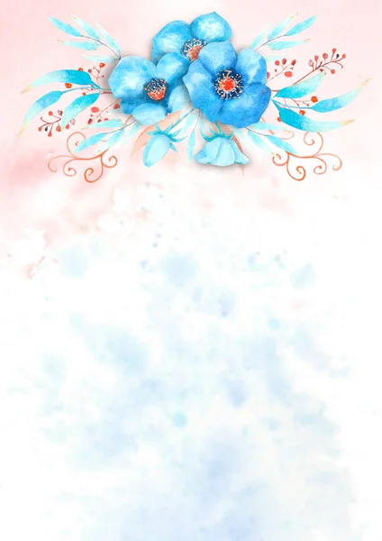 浪漫的框架，蓝色的螺旋带着花，芽，叶，装饰枝条在水彩画的背景上。 水彩画,手工制作 — 图库照片