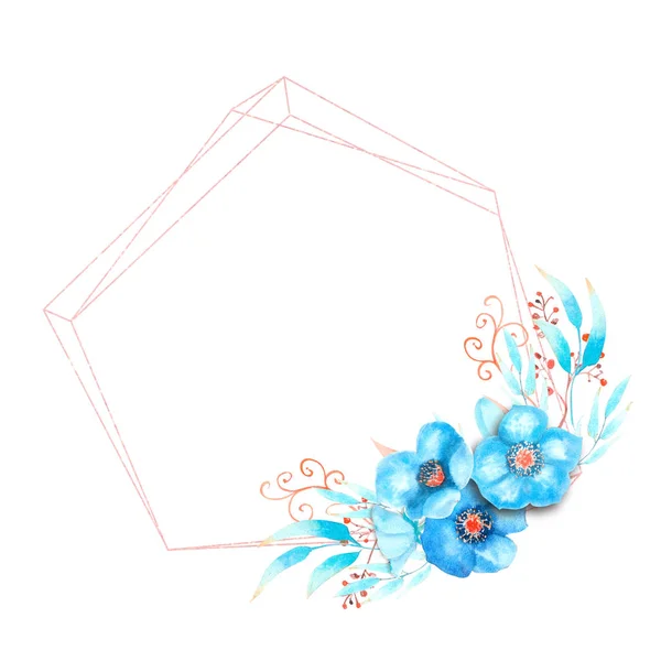 Cadre géométrique avec fleurs, bourgeons, feuilles, brindilles décoratives bleu sur un fond isolé blanc. Bouquet en bas du cadre. Illustration aquarelle . — Photo