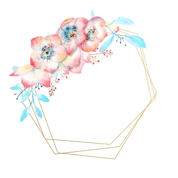 A rózsaszín Hellebore virágok egy geometrikus poligon fehér elszigetelt háttér. Akvarell kompozíciók üdvözlőlapok vagy meghívók díszítésére. — Stock Fotó