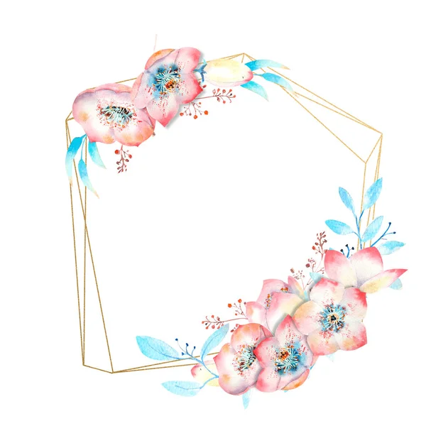 粉色的螺旋在白色孤立的背景的上方和下方的一个中空的金框上开着花。 贺卡或邀请函装饰用水彩画. — 图库照片