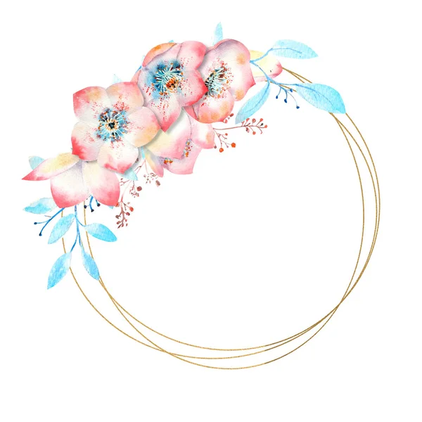 Rózsaszín Hellebore virágok kerek arany alakú fehér elszigetelt háttérrel. Akvarell kompozíciók üdvözlőlapok vagy meghívók díszítésére. — Stock Fotó