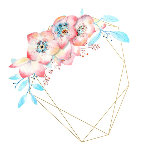 粉红色的螺旋带着几何图形多边形的花在白色孤立的背景上。 贺卡或邀请函装饰用水彩画. — 图库照片