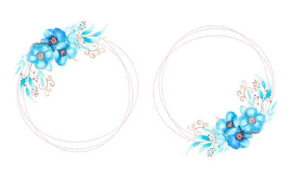 2 Marcos con flores esmeriladas azules sobre un marco redondo sobre un fondo blanco aislado. Ramo en la parte superior e inferior. Ilustración vectorial . — Archivo Imágenes Vectoriales