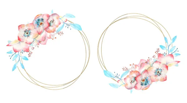 2 cornici con fiori di ghiaccio rosa su una cornice rotonda su uno sfondo bianco isolato. Bouquet in alto e in basso. Illustrazione vettoriale . — Vettoriale Stock
